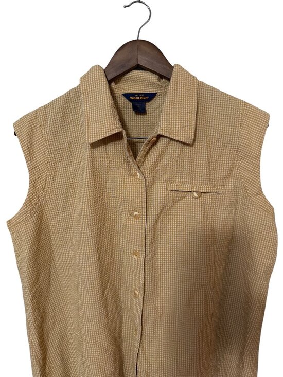 Woolrich Tops - Vtg Seersucker Woolrich XL Sleeveless Button-Up Yellow Gingham Shirt Casual